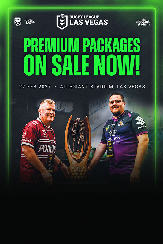 A web banner for 2027 NRL Las Vegas corporate packages, boxes, suites